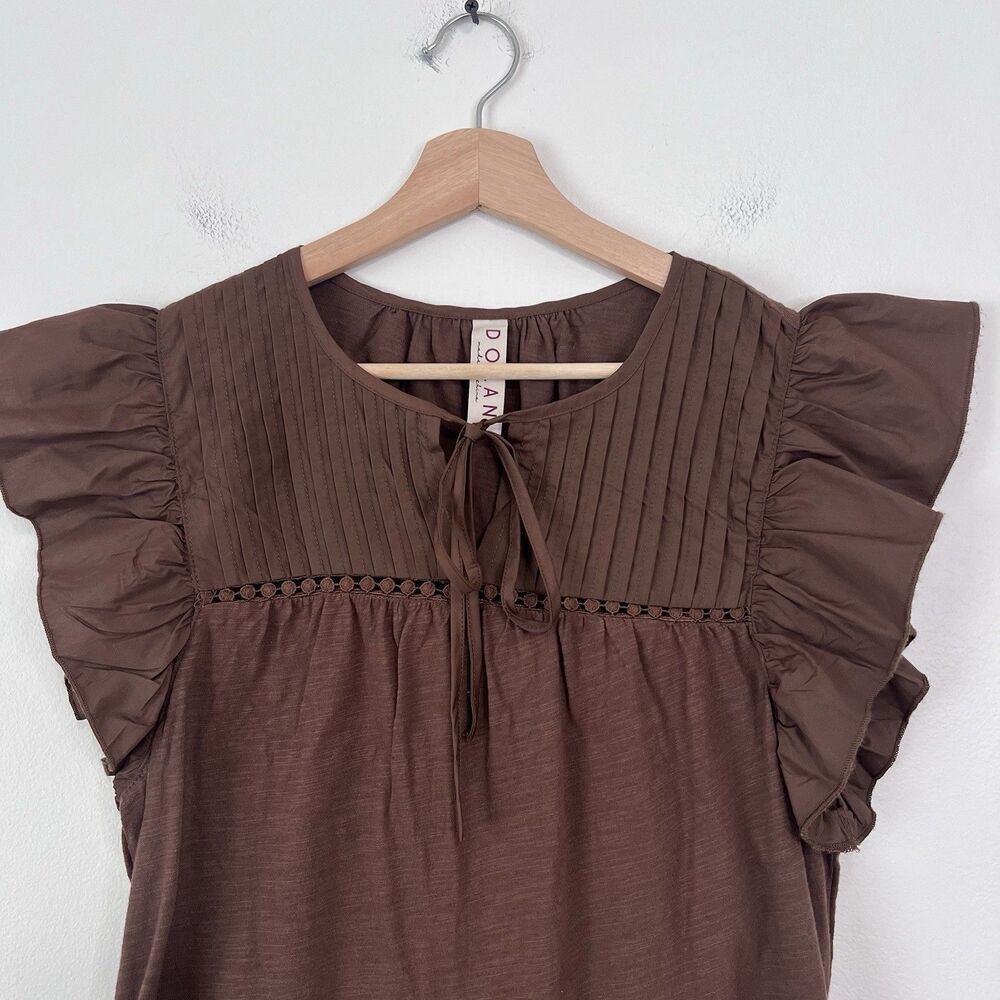 Anthropologie Dolan Brown Flutter Sleeve Pintuck Blouse Boho Cotton Top Size S - Picture 3 of 7